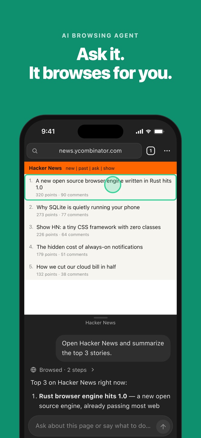Agent summarizing Hacker News while the page is visible above the chat